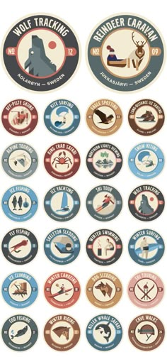 several circular badges with different types of items