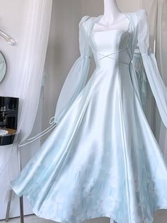 This price is for a slip dress only.   	 		 			Size 			XS 			S 			M 			L 		 		 			Full Length 			98.3 			98.5 			99 			99.5 		 		 			Bust 			78 			80 			84 			88 		 		 			Waist 			61 			63 			67 			71 Blue Top Dress, Princess Blue Dresses, High Waistline Dress, Long Skirt Dress, Women Dress Design Style, Light Dresses, Pastel Blue Gown, Cyan Dress, Satin Embroidery