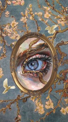 the reflection of an eye in a mirror with flowers and butterflies around it on a blue background