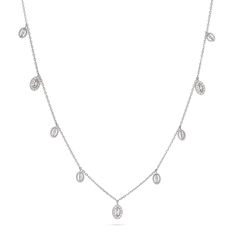 📿 Our oval-shaped diamond pendant necklace is a classy and elegant piece that radiates timeless beauty. It will elevate your style. This necklace 3.01 grams 18k white gold, which is handcrafted with remarkable attention to detail, has an oval-shaped pendant made of 18k white gold. The necklace is enhanced with stunning brilliance by the carefully placed pave diamonds that adorn the pendant. This necklace, which is crafted in exquisite 18k white gold, has an opulent and sophisticated appearance Classic Diamond White Oval Pendant Necklace, Luxury Hand-strung Oval Necklaces, White Diamond Oval Pendant Necklace, Oval White Gold Tarnish-resistant Necklace, White Gold Necklace With Diamond-cut Oval Link, Diamond White Jewelry With Diamond Accents, Oval Pendant, Diamond Charm Necklace, Necklace White Gold, Oval Pendant Necklace