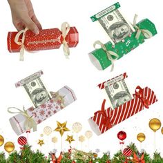 dollar bills are wrapped in red and green wrapping paper, while someone's hand reaches for the money