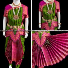 Design by Classical Dance Jewelry® ❥ Traditional Bharatanatyam costume wore during regular dance programs or arrangetram performance. ❥ Material : Art Silk ❥ Type : Traditional pant costume ❥ Easy to wear ❥ layer front fan  30 inch PANT LENGTH Dress Measurements ( all the measurements approximately 1 -2 margin buffer) Age: 7 - 9 yrs  ❥ PANT MEASUREMENTS:   ☛ Pant Length: 29-30 inch   ☛ Pant Waist: 27-28 inch   ☛ Pant Hip: 28-29 ❥ BLOUSE MEASUREMENTS:   ☛ Blouse length: 10-11 inch   ☛ Blouse Shoulder : 11-12 inch   ☛ Blouse around Bust: 25-26 inch   ☛ Blouse Lower Chest: 23-24 inch   ☛ Blouse Sleeves length: 5-6 inch   ☛ Blouse sleeve round: 9 - 10 inch   ☛ Blouse armpit: 11 - 12 inch  Set includes     ☛ Pant, Blouse, Dhavani, fans, seat bit etc  Set includes     ☛ Pant, Blouse, Dhavani, fa Ceremonial Green Saree Set, Ceremonial Green Cutdana Sets, Green Saree With Cutdana In Temple Jewelry Style, Green Art Silk Sets For Ceremonial Occasions, Green Art Silk Traditional Wear With Tilla Detail, Bollywood Style Green Ceremonial Sets, Green Traditional Drape Set With Tilla Details, Green Art Silk Traditional Wear With Tilla, Ceremonial Green Paithani Silk Saree