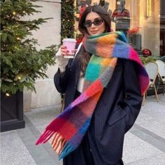 Super Cute And Stylish Ships In 5-10 Business Days Extra Long Scarf, Big Colorful Scarf, Crochet Colorful Scarf, Scarf Color Combinations, Sweater Scarf Outfit, Colorful Scarf Outfit Winter, Chunky Scarf Aesthetic, Cute Winter Accessories, Style Scarf Outfits