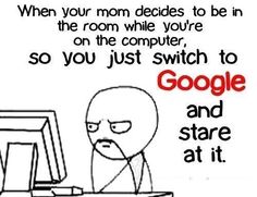 an image of a cartoon character sitting in front of a computer with the caption google and stare at it