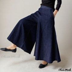 Olivia Mark - Wide-Leg Cowboy Pants with High Waist and Flared Design Relaxed Fit Wide Leg Cotton Pants, Solid Wide Leg Cotton Bottoms, Cotton Wide Leg Bottoms, Relaxed Fit Wide Leg Bottoms With Pockets, Wide Leg Bottoms With Pockets And Relaxed Fit, Relaxed Fit Wide-leg Bottoms With Pockets, Relaxed Fit Full Length Wide Leg Cotton Pants, Cotton Wide Leg Full Length Pants In Relaxed Fit, Cotton Wide Leg Full Length Pants