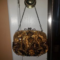 Gold Sequin Moni Bag Nwt Gold-tone Hardware Pouch Bag, Gold-tone Pouch Bag, Pouch Bags With Gold-tone Hardware For Fashion Accessory, Pouch Bags With Gold-tone Hardware, Evening Pouch Box Bag, Party Pouch Satchel With Detachable Strap, Elegant Brown Tote Evening Bag, Elegant Gold Satchel, Detachable Handle Tote Evening Bag