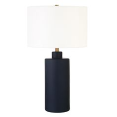 a black table lamp with a white shade