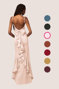 This stretch satin floor length dress features a straight neckline, adjustable spaghetti straps, a bow back, a ruffle design, and a mermaid skirt. Blush Pink Bridesmaid Dresses, Pink Bridesmaid Dress, Pink Mermaid, Ruffle Design, Wedding Plan, Floor Length Dress, Satin Bridesmaid Dresses, Bow Back, Mermaid Skirt