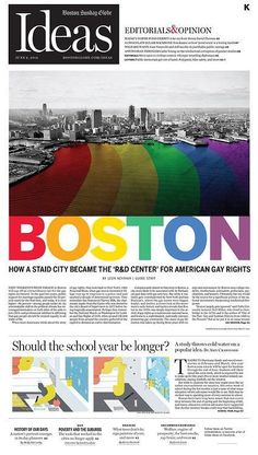 the front page of an article about boston, with colorful images and text on it