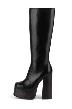 Knee-high platform chunky heeled boot. Fits true to size Measurements taken from size 7 5.5" heel, 2" platform 14" shaft, 13.5" calf, 15.5" top opening Leather upper, leather lining, synthetic sole Zipper closure 90s Boots, Hey Joe, Jeffrey Campbell Boots, Chunky Heeled Boots, Platform Sandals Heels, Jeffrey Campbell Shoes, Black High Heels, Dream Shoes, Sneaker Heels