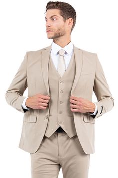 Men's One Button Vested Slim Fit Business & Wedding Suit in Tan Beige Notch Lapel Suit With Single Button, Beige Notch Lapel Suit With Button Closure, Cream Semi-formal Suits With Welt Pockets, Beige Double-breasted Suits With Buttons, Beige Single-breasted Suit With Notch Lapel, Red Overcoat, Black And Red Suit, Khaki Suits, Olive Green Suit