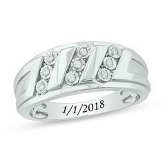 Confidently express your love with this handsome diamond wedding band. Created in sterling silver, this personalized look showcases trios of glistening diamonds - each artfully set to enhance size and radiance - set diagonally between sculpted ribbons. Add the final touch with a name or message - up to nine characters in length - inscribed in the font you select along the inside of the shank. Striking with 1/10 ct. t.w. of diamonds and a brilliant buffed luster, this wedding band fits his bold s Engraved White Gold Diamond Ring For Promise, Personalized Classic Cubic Zirconia Diamond Ring, Personalized Diamond Ring For Formal Occasions, Classic Personalized Cubic Zirconia Diamond Ring, Engraved Silver Diamond Ring For Anniversary, Engraved Sterling Silver Diamond Ring For Anniversary, Personalized White Gold Diamond Ring For Formal Occasions, Personalized Diamond White Wedding Jewelry, Personalized Diamond White Jewelry For Wedding