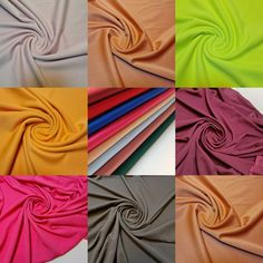 four different colors of fabric on white and black, pink, orange, green, yellow