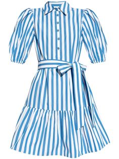 white/blue cotton poplin texture vertical stripe pattern classic collar front button placket short puff sleeves ruffle hem tied waist thigh-length Ruffled Shirt, City Dress, Ruffle Shirt, Cotton Poplin, Kate Spade New York, Ruffle Hem, Stripes Pattern, Puff Sleeves, All Fashion