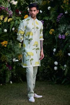 Mist green chanderi kurta with floral hand block print. Comes with trouser. - Aza Fashions Colourful Kurta For Men, Indian Outfits Men, Floral Kurta For Men, Kurta Designs For Men, Linen Kurtas, Indian Mens Clothing, Traditional Indian Mens Clothing, Kurta Designs Men's, Mahima Mahajan