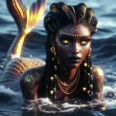 an image of a woman in the water with her face painted like a mermaid and headdress