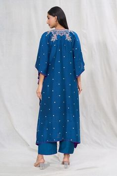 Navy blue kaftan with floral zardozi and sequin buttis embroidered all-over. Comes with solid pant. - Aza Fashions Blue Kaftan, Anushree Reddy, Dupion Silk, Set Women, Pant Set, Embroidered Silk, Bat Wings, Aza Fashion, Blue Floral