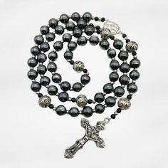 Black Hematite Beads Rosary Necklace Natural Stones & Metal Beaded Miraculous Medal Silver Hematite Beaded Necklace With Polished Beads, Silver Beaded Necklace With Black Hematite Beads, Hematite Bead Necklaces As Gifts, Hematite Round Beads For Jewelry Making, Gift Jewelry With Polished Hematite Beads, Black Hematite Jewelry With Silver Beads, Silver Hematite Beaded Necklace With Black Beads, Hematite Bead Necklace As A Gift, Hematite Beads For Gifts