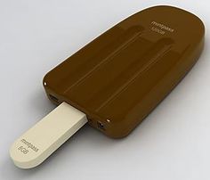 an ice cream popsicle shaped like a chocolate scooper with a white top and bottom