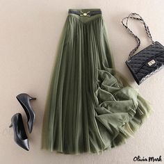 Olivia Mark - High-Waisted Half Skirt with Pleated Mesh Letters Design Summer High Waist Green Pleated Skirt, Spring Green High-waisted Pleated Skirt, High Waist Green Pleated Skirt For Spring, Skirts Fall, Tulle Skirts, Half Skirt, Simple Green, Asymmetrical Skirt, Fall Skirts