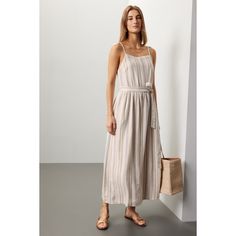 Off-white stripe (55% Linen, 45% Rayon). Casual dress. Sleeveless. Square neck. Pull-on closure. 45.5" from shoulder to hemline. Imported. Striped Maxi Dress For Daywear, Elegant Summer Dress With Vertical Stripes, Elegant Summer Dresses With Vertical Stripes, Spring Striped Maxi Dress With Spaghetti Straps, Sleeveless Vertical Stripes Maxi Dress, Casual Sleeveless Maxi Dress With Vertical Stripes, Striped Sundress Midi Dress For Daywear, Striped Spring Dress With Spaghetti Straps, Chic Striped Maxi Sundress