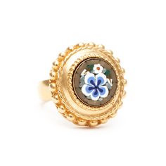 gold plated ring inlyaed with mosaic Gold Flower Heirloom Jewelry, Heirloom Gold Flower Jewelry, Heirloom Flower-shaped Gold Jewelry, Gold Open Ring With Cabochon Jewelry, Gold Open Ring With Cabochon, Gold Cabochon Open Ring, Unique Gold Enamel Ring, Elegant Handmade Gold Flower Ring, Unique Gold Enamel Ring For Formal Occasions