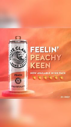 a can of peachy keenn beer with the caption feelin'peachy keenn now available in six pack