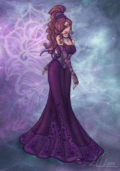 a drawing of a woman in a purple dress with long hair and an intricate design on her chest