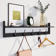 PRICES MAY VARY. ✅【Extra Space Saving Shelf For Storage Solution】28.93 x 4.52 inch at top with ledge offer a large space for decorative gadget or store stuff. You can not only use this wall coat rack to display plant, collections or other home accessories, but also display picture frames, Knick knack, plant, letter, key and so on. ✅【Kindly Two-In-One Function】The thoughtful design allows this wall hooks to have two functions. This cute wooden coat rack wall mount can be installed in your bedroom Coat Rack Wall Mount, Shelf Entryway, Space Saving Shelves, Coat Rack Hooks, Entryway Shelf, Wall Coat Rack, Coat Rack Shelf, Pine Walls, Wall Hanging Shelves