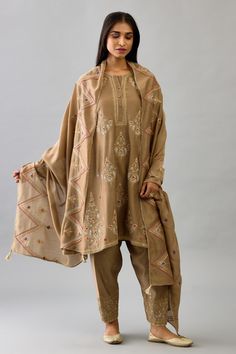 Shop for these amazing collections of Brown Silk Chanderi Embroidered Zari Round Phiran Kurta Set For Women by KORA online at Aza Fashions. Short Anarkali, Chevron Borders, Vintage Motifs, Kurta Set For Women, Gota Work, Embroidered Pants, Sequin Embroidery, Organza Dress, Brown Silk