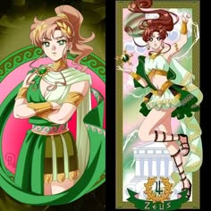 two anime characters with different outfits and hair colors, one in green and the other in pink