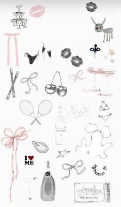 an image of various items that are drawn in pencil and ink on white paper with pink ribbon