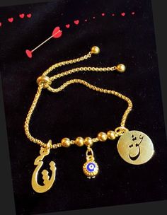 Unique  adjustable 18k gold plated brass bracelet with love charms. Good Luck Bracelet, Love Bracelet, Brass Bracelet, Luck Charms, Love Charms, Gold Plated Bracelets, Evil Eye Bracelet, Love Bracelets, Gold Plated Chains