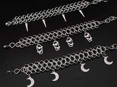 Chainmail bracelets handmade crafted from stainless steel rings and pendants. It's a perfect cute gift for a gothic style lover.  Choose between the following models (price is for one): ⛧ Spiked cone ⛧ Coffin&bat ⛧ Crescent moon Sizes available: ⛧ S: min 5" - max 6" / min 12cm - max 15cm ⛧ M: min 6" - max 7" / min 15cm - max 18cm ⛧ L: min 7" - max 8"/ min 18cm - max 20cm ⛧Custom : please leave the measurement you need in the notes ⛧ This item is handmade and not produced in mass; when you're buy Metal Jewelry For Halloween Festival, Silver Punk Body Jewelry For Gift, Emo Style Metal Jewelry For Festivals, Emo Style Chain Jewelry For Gift, Silver Stainless Steel Jewelry With Custom Hardware, Symbolic Metal Jewelry For Halloween, Emo Style Festival Jewelry With Chain, Handmade Silver Emo Jewelry, Handmade Emo Jewelry For Festivals