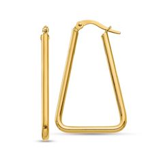 Designed to make a statement, these geometric hoop earrings bring contemporary edge to your look. Semi-solid 14K gold Each open triangular hoop features a sleek polished finish and rounded corners at the base 32.5 x 2.0mm Hinged backs Modern Triangle Gold Hoop Earrings, Geometric Hoop Earrings, Round Corner, Rounded Corners, Hoop Earrings, Sleek, Gold