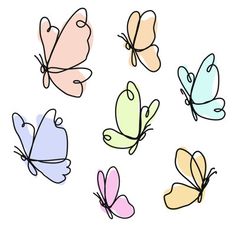 six different colored butterflies on a white background