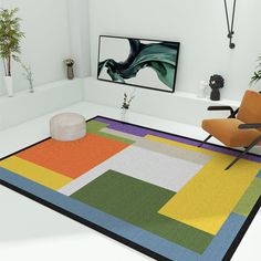 a living room with a colorful rug on the floor and a chair next to it