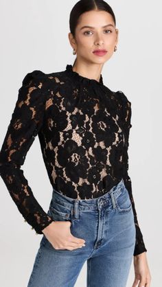 WAYF Emma Puff Sleeve Lace Top | Shopbop Scalloped Lace Top For Spring Daywear, Spring Scalloped Lace Top For Daywear, Spring Scallop Lace Top For Daywear, Chic Formal Tops With Lace Sleeves, Chic Tops With Lace Sleeves For Formal Occasions, Chic Tops With Lace Cuffs For Daywear, Lace Cuff Tops For Daywear, Lace Tops With Lace Cuffs For Daywear, Puff Sleeve Tops With Lace Cuffs For Daywear