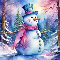 a painting of a snowman wearing a top hat and scarf with trees in the background