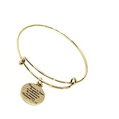 "This bracelet has a gold-plated stainless steel engraved charm that has \"Rejoice in hope, be patient in tribulation, be constant in prayer\" from Romans 12:12 on it. The bracelet expands to easily fit any hand and wrist size. This item contains small pieces and is not intended for children under the age of 14. To see the latest items and specials, follow me on Facebook, Instagram, and Pinterest. Facebook - https://www.facebook.com/JKCEDesigns Instagram - @jkcedesigns - www.instagram.com/JKCEde Adjustable Engraved Gold Bracelet, Engraved Adjustable Gold Bracelet, Adjustable Yellow Gold Bracelets With Charms, Inspirational Adjustable Personalized Charm Bracelet, Inspirational Personalized Adjustable Charm Bracelet, Personalized Adjustable Inspirational Charm Bracelet, Personalized Inspirational Adjustable Charm Bracelet, Meaningful Adjustable Charm Bracelet, Inspirational Gold Name Bracelet For Personalized Gift