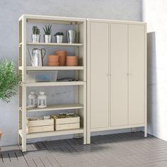 an open cabinet with pots and plants in it next to a potted plant on the floor