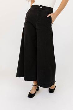 a pair of black wide-leg pants that are sooo good, you’ll never want to take them off. the high-rise + fitted waistline gives it “business casual” charisma, while the flowy loose legs keep things real + relaxed. full of versatility, you can dress them up or down for any occasion. black // wide leg, high waisted, one button zip fly, belt loops, pockets paired with our matilda mesh top + lover denim vest model is 5'8" + wearing a small measurements are approximate + taken while laying flat small : Black Wide Leg Pants, Denim Vest, Spandex Fabric, Matilda, Business Casual, Mesh Top, Leg Pants, Jumpsuit Dress, Wide Leg Pants