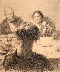 a drawing of three people sitting at a table