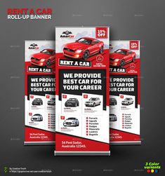 three roll up banners with red cars on the front and back, one is for rent car