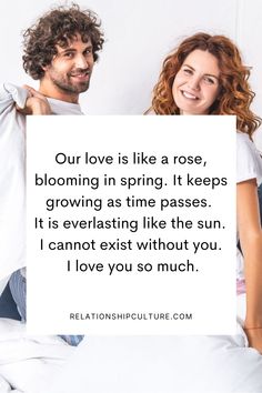 a man and woman holding up a sign with the words our love is like a rose, blooming in spring it keeps growing as time passes