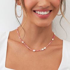 Pearl Pink Necklace | Birdy Grey Feminine Pearl Charm Jewelry With Round Beads, Summer Wedding Jewelry With Pearl Charm, Summer Wedding Pearl Charm Jewelry, Feminine Pearl White Round Bead Jewelry, Bohemian Pearl Beaded Necklace, Trendy Clavicle Chain Jewelry For Wedding, Trendy Wedding Clavicle Chain Jewelry, Pearl Chain Crystal Necklaces For Jewelry Making, Feminine Pearl Chain Jewelry With Round Beads