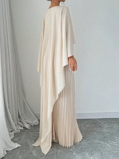 Pleated Solid Color Split-Joint Cape High-Low Round-Neck Maxi Dresses Evening Dresses Evening Maxi Dresses, Pleated Long Dress, Cape Fashion, Spring Maxi Dress, Cape Sleeves, Boho Style Dresses, Pleated Maxi Dress, Cape Dress, Pleated Maxi