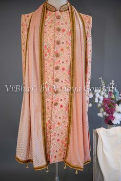 Peach Base With Multicolor Thread And Mirror Work Embroidery Sherwani Set Mirror Work Embroidery, Groom Sherwani, Fancy Clutch, Kids Wear Boys, Mens Sherwani, Kids Wear Girls, Mirror Embroidery, Block Print Saree, Fancy Gowns