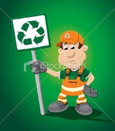 a cartoon character holding up a sign with a recycler in the background