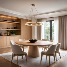 a dining room table with white chairs around it